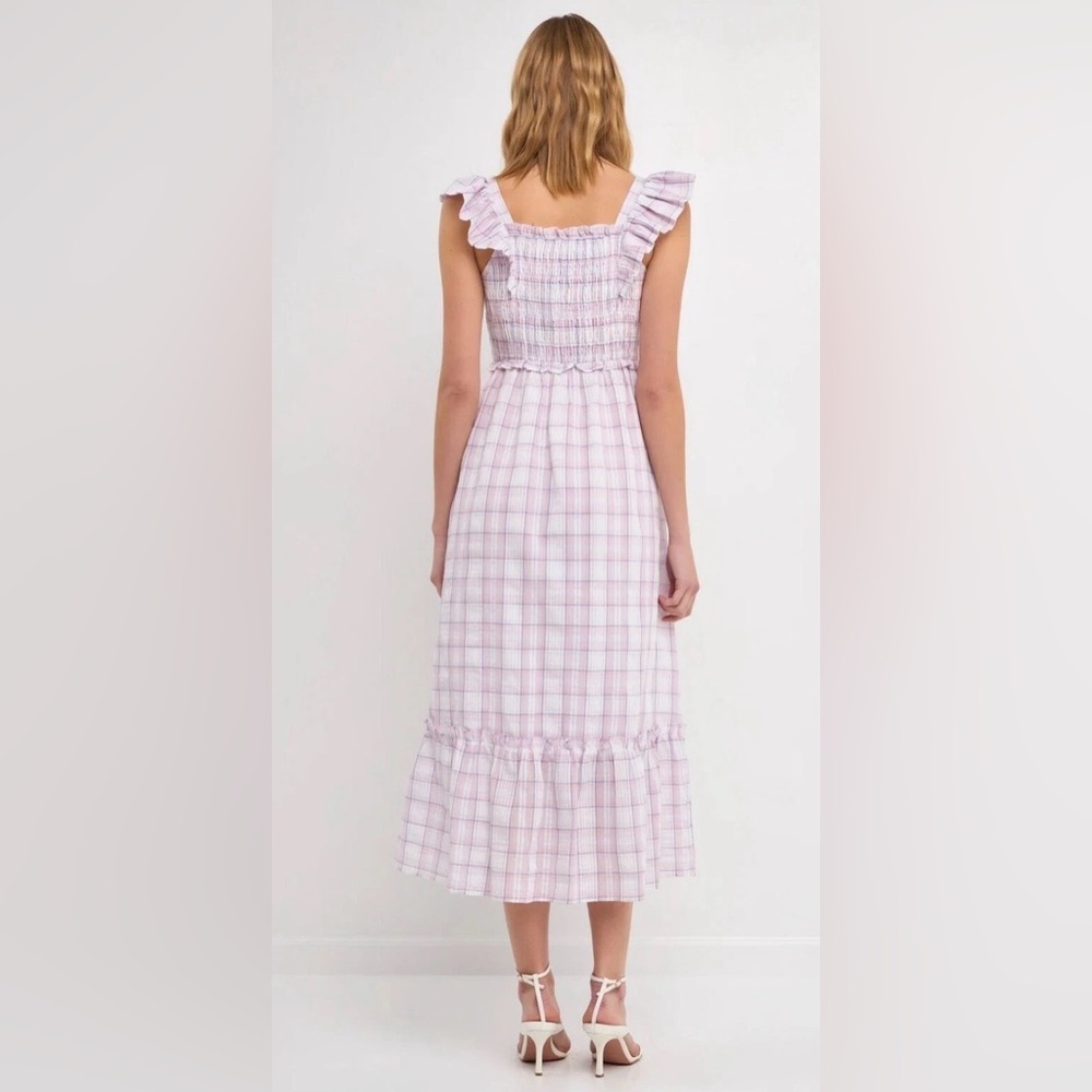 English Factory Plaid Flutter Sleeve Midi Ruffle Dress - Picture 3 of 7